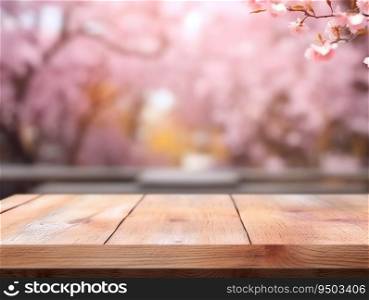 Wood table with cherry blossom background made with Generative AI