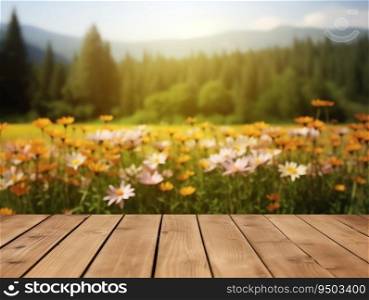 Wood table with flower background made with Generative AI