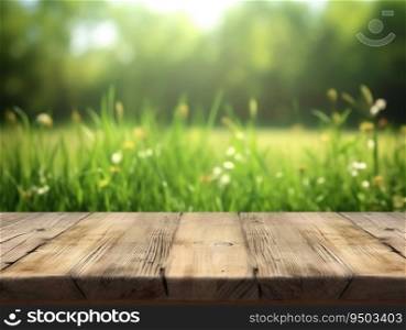 Wood table with grass background made with Generative AI