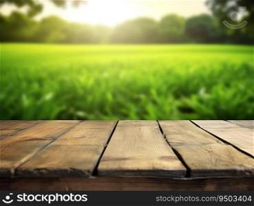 Wood table with grass background made with Generative AI