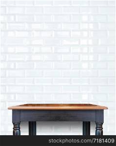 wood table with white tile wall