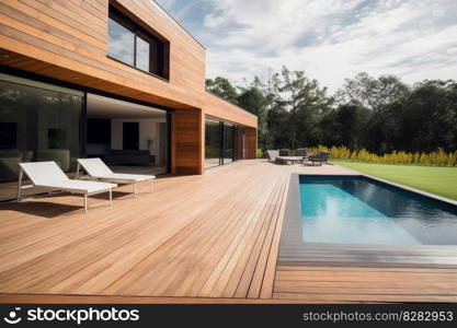 Wood terrace pool. Modern patio. Generate Ai. Wood terrace pool. Generate Ai