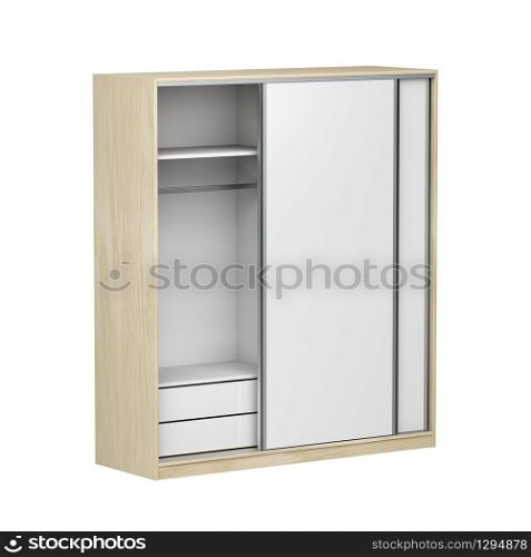 Wood wardrobe with sliding doors, isolated on white background
