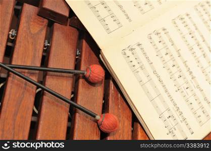 Wood xylophone with notes and mallets. A photo close up. Original color