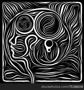 Woodcut Composition. Life Lines series. Arrangement of human profile and woodcut pattern on the subject of human drama, poetry and inner symbols
