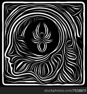 Woodcut Composition. Life Lines series. Arrangement of human profile and woodcut pattern on the subject of human drama, poetry and inner symbols