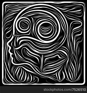 Woodcut Composition. Life Lines series. Backdrop design of human profile and woodcut pattern for works on human drama, poetry and inner symbols