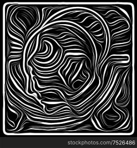 Woodcut Composition. Life Lines series. Background design of human profile and woodcut pattern on the subject of human drama, poetry and inner symbols