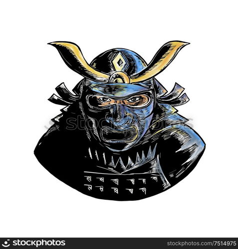 Woodcut style illustration of a samurai warrior wearing facial armor mask called mempo or mengu viewed from front. Samurai Wearing Armor Mask Mempo Woodcut