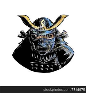 Woodcut style illustration of a samurai warrior wearing facial armor mask called mempo or mengu viewed from front. Samurai Wearing Armor Mask Mempo Woodcut