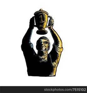 Woodcut style illustration of a worker winning and raising up championship trophy cup viewed from front on isolated background.. Worker Winning Championship Trophy Cup Woodcut