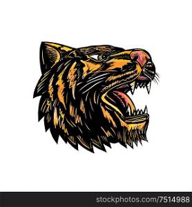 Woodcut style illustration of an angry growling tiger head viewed from side on isolated background.. Growling Tiger Woodcut