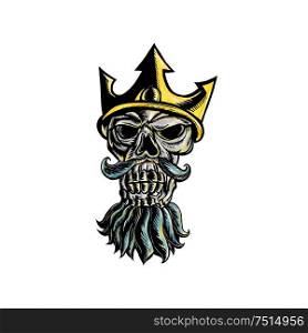 Woodcut style illustration of skull head of Neptune, Poseidon or Triton wearing a trident crown with flowing beard front view on isolated background.. Skull of Neptune Trident Crown Head Woodcut