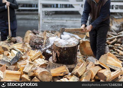 Woodcutters who break wood with an axe in Turkey