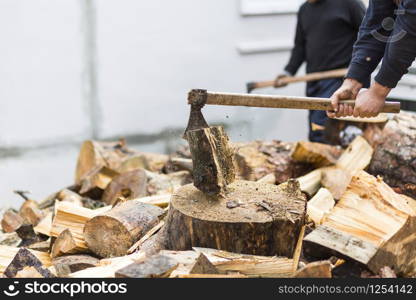 Woodcutters who break wood with an axe in Turkey