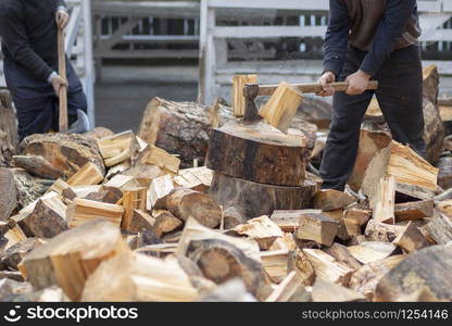 Woodcutters who break wood with an axe in Turkey