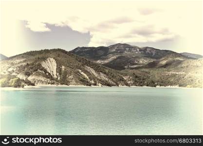 Wooded Shore of the Lake in French Alps, Stylized Photo