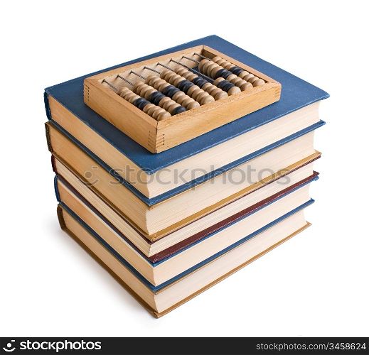 Wooden abacus on a pile of books isolated on white