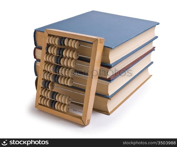 Wooden abacus on a pile of books isolated on white