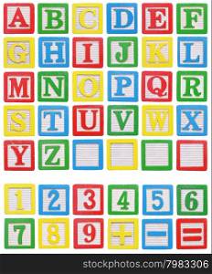 Wooden alphabet and numbers blocks isolated on white background