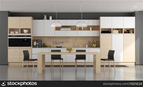 Wooden and white modern kitchen with dining table - 3d rendering. Wooden and white modern kitchen