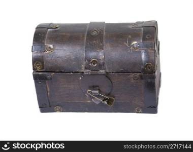 Wooden antique trunk with metal reinforcement and simple lock - path included