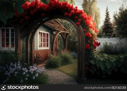 wooden arch with bright red flowers in garden of house in cozy backyard, created with generative ai. wooden arch with bright red flowers in garden of house in cozy backyard
