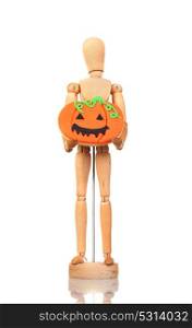 Wooden articulated doll holding a pumpkin cookie on the white isolated background