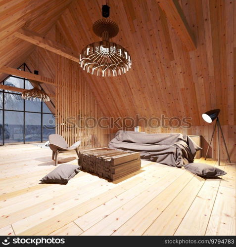 wooden attic interior and nature background. 3d illustration. wooden attic interior and nature background