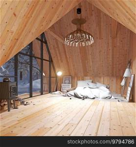 wooden attic interior and nature background. 3d illustration. wooden attic interior and nature background