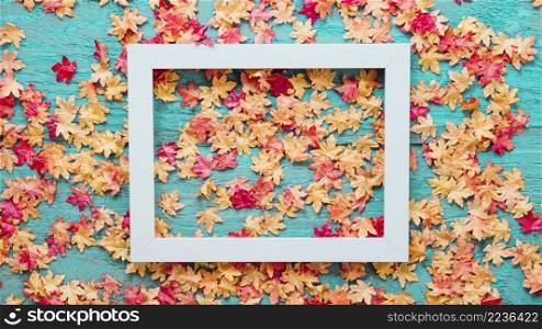 wooden background with autumn leaves frame picture