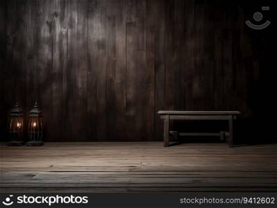 Wooden background with lamp and bench. 3D rendering. Vintage style.