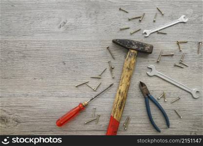 wooden background with variety tools father s day