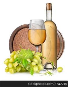 Wooden barrel and wine isolated on a white background