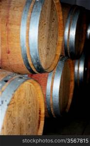 Wooden barrel with iron hoops for wine or beer