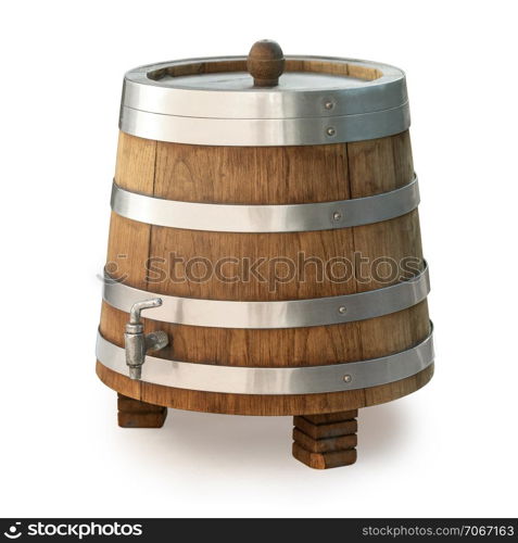 Wooden barrel with tap isolated on white background with clipping path