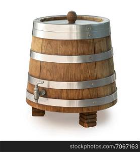 Wooden barrel with tap isolated on white background with clipping path