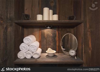 Wooden bathroom shelf storage