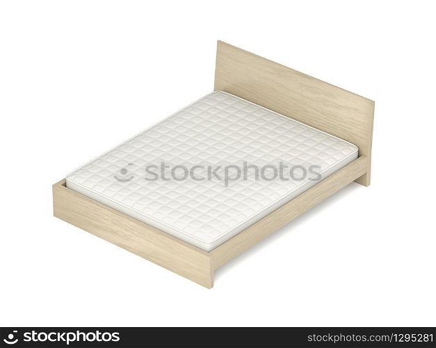 Wooden bed with memory foam mattress on white background