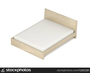 Wooden bed with memory foam mattress on white background