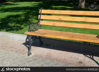 Wooden bench in the park with green grass
