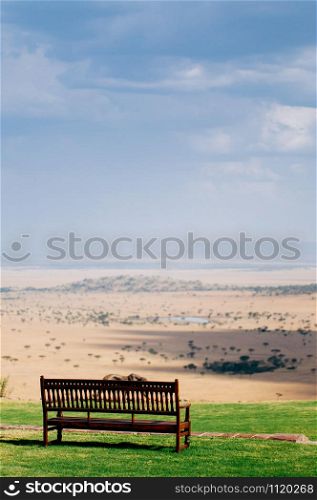 Wooden bench with Serengeti Grumeti Reserve wildlife park grass plain beautiful wide landscape under evening warm light with clouds sky