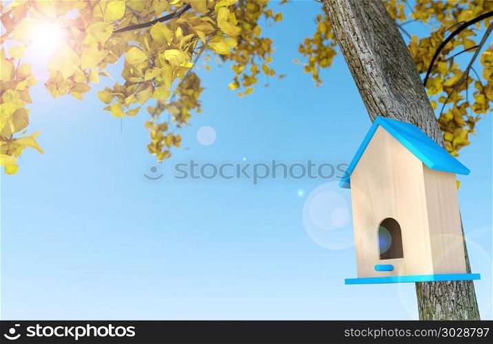 Wooden birdhouse under autumn tree in blue sky background with copy space, 3D rendering