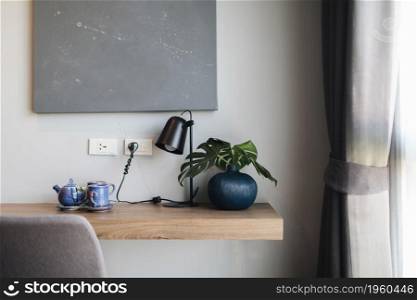 Wooden black and grey modern table and chair in bedroom