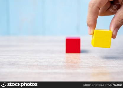 wooden block on the building. Business planning, Risk Management, Solution, strategy, different and Unique Concepts