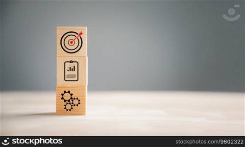 Wooden block step with Action Plan, Goal and Target icons. Success and business target concept. Company strategy and project management on a table. Teamwork benefits.