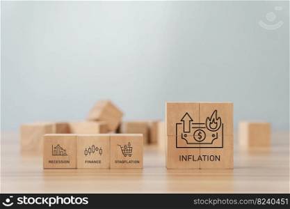 Wooden block with inflation icon. Idea for Fed. Consider raising interest rates. Global Economics and Inflation Control US dollar inflation