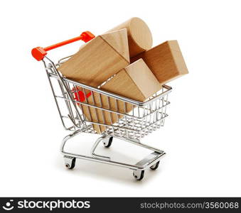 wooden blocks for the construction in shopping trolley isolated on a white background