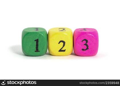 Wooden blocks with digits 123 isolated over the white background