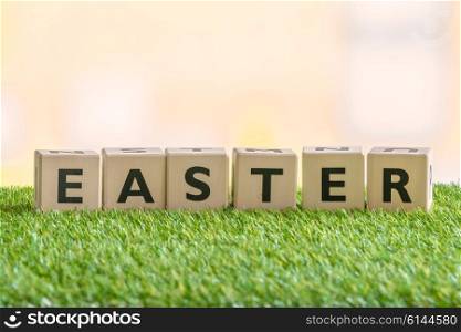 Wooden blocks with the word Easter on green grass